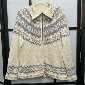 𝅺[m] Vintage White & Blue Zip-Up Snow Bunny Winter Fair Isle Print Knit Sweater